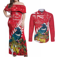 New Zealand Christmas In July Couples Matching Off Shoulder Maxi Dress and Long Sleeve Button Shirt Tui Bird With Kowhai Meri Kirihimete