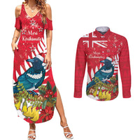 New Zealand Christmas In July Couples Matching Summer Maxi Dress and Long Sleeve Button Shirt Tui Bird With Kowhai Meri Kirihimete
