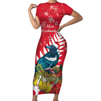 New Zealand Christmas In July Short Sleeve Bodycon Dress Tui Bird With Kowhai Meri Kirihimete LT14 Long Dress Red - Polynesian Pride