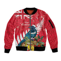New Zealand Christmas In July Sleeve Zip Bomber Jacket Tui Bird With Kowhai Meri Kirihimete