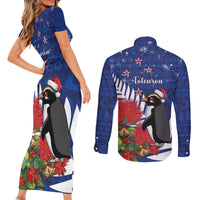 New Zealand Christmas In July Couples Matching Short Sleeve Bodycon Dress and Long Sleeve Button Shirt Fiordland Penguin With Pohutukawa Flower