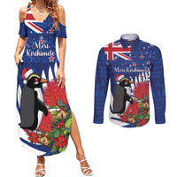 New Zealand Christmas In July Couples Matching Summer Maxi Dress and Long Sleeve Button Shirt Fiordland Penguin With Pohutukawa Flower