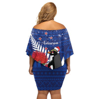 New Zealand Christmas In July Family Matching Off Shoulder Short Dress and Hawaiian Shirt Fiordland Penguin With Pohutukawa Flower LT14 - Polynesian Pride