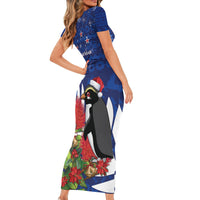 New Zealand Christmas In July Short Sleeve Bodycon Dress Fiordland Penguin With Pohutukawa Flower