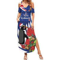 New Zealand Christmas In July Summer Maxi Dress Fiordland Penguin With Pohutukawa Flower LT14 Women Blue - Polynesian Pride
