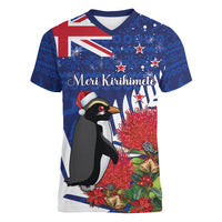 New Zealand Christmas In July Women V-Neck T-Shirt Fiordland Penguin With Pohutukawa Flower