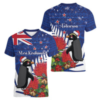New Zealand Christmas In July Women V-Neck T-Shirt Fiordland Penguin With Pohutukawa Flower