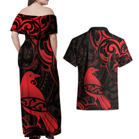 New Zealand Tui Bird Couples Matching Off Shoulder Maxi Dress and Hawaiian Shirt Aotearoa Maori Pattern - Red LT14 - Polynesian Pride