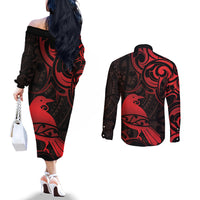 New Zealand Tui Bird Couples Matching Off The Shoulder Long Sleeve Dress and Long Sleeve Button Shirt Aotearoa Maori Pattern - Red LT14 - Polynesian Pride