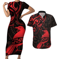 New Zealand Tui Bird Couples Matching Short Sleeve Bodycon Dress and Hawaiian Shirt Aotearoa Maori Pattern - Red