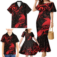 New Zealand Tui Bird Family Matching Mermaid Dress and Hawaiian Shirt Aotearoa Maori Pattern - Red LT14 - Polynesian Pride