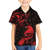 New Zealand Tui Bird Family Matching Off The Shoulder Long Sleeve Dress and Hawaiian Shirt Aotearoa Maori Pattern - Red