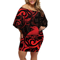New Zealand Tui Bird Family Matching Off Shoulder Short Dress and Hawaiian Shirt Aotearoa Maori Pattern - Red LT14 Mom's Dress Red - Polynesian Pride