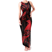 New Zealand Tui Bird Family Matching Tank Maxi Dress and Hawaiian Shirt Aotearoa Maori Pattern - Red LT14 Mom's Dress Red - Polynesian Pride