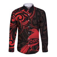New Zealand Tui Bird Long Sleeve Button Shirt Aotearoa Maori Pattern - Red
