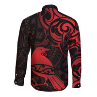 New Zealand Tui Bird Long Sleeve Button Shirt Aotearoa Maori Pattern - Red