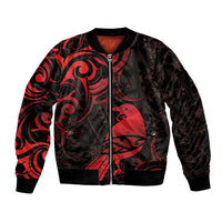 New Zealand Tui Bird Sleeve Zip Bomber Jacket Aotearoa Maori Pattern - Red