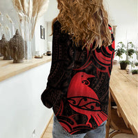 New Zealand Tui Bird Women Casual Shirt Aotearoa Maori Pattern - Red LT14 - Polynesian Pride