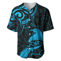 New Zealand Tui Bird Baseball Jersey Aotearoa Maori Pattern - Blue LT14 Blue - Polynesian Pride