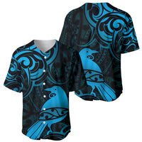New Zealand Tui Bird Baseball Jersey Aotearoa Maori Pattern - Blue LT14 - Polynesian Pride