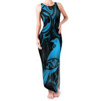 New Zealand Tui Bird Family Matching Tank Maxi Dress and Hawaiian Shirt Aotearoa Maori Pattern - Blue LT14 Mom's Dress Blue - Polynesian Pride