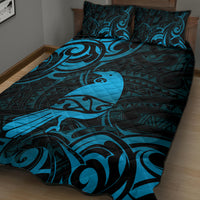 New Zealand Tui Bird Quilt Bed Set Aotearoa Maori Pattern - Blue