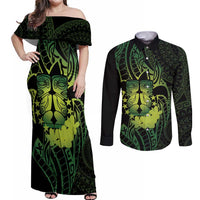 Kia Orana Kuki Airani Couples Matching Off Shoulder Maxi Dress and Long Sleeve Button Shirt Cook Islands Tangaroa God Tatau Green