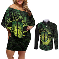 Kia Orana Kuki Airani Couples Matching Off Shoulder Short Dress and Long Sleeve Button Shirt Cook Islands Tangaroa God Tatau Green