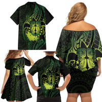 Kia Orana Kuki Airani Family Matching Off Shoulder Short Dress and Hawaiian Shirt Cook Islands Tangaroa God Tatau Green