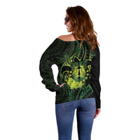 Kia Orana Kuki Airani Off Shoulder Sweater Cook Islands Tangaroa God Tatau Green