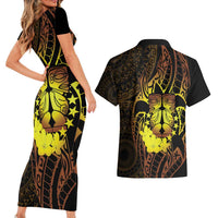 Kia Orana Kuki Airani Couples Matching Short Sleeve Bodycon Dress and Hawaiian Shirt Cook Islands Tangaroa God Tatau Gold