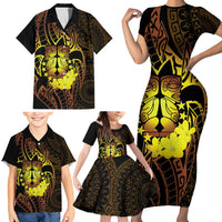 Kia Orana Kuki Airani Family Matching Short Sleeve Bodycon Dress and Hawaiian Shirt Cook Islands Tangaroa God Tatau Gold