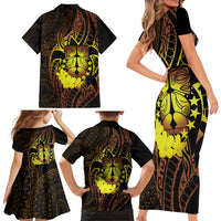 Kia Orana Kuki Airani Family Matching Short Sleeve Bodycon Dress and Hawaiian Shirt Cook Islands Tangaroa God Tatau Gold