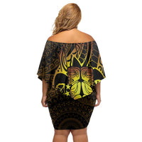 Kia Orana Kuki Airani Off Shoulder Short Dress Cook Islands Tangaroa God Tatau Gold