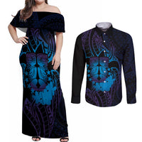 Kia Orana Kuki Airani Couples Matching Off Shoulder Maxi Dress and Long Sleeve Button Shirt Cook Islands Tangaroa God Tatau Purple