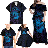 Kia Orana Kuki Airani Family Matching Off Shoulder Maxi Dress and Hawaiian Shirt Cook Islands Tangaroa God Tatau Purple