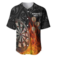 Personalised Aotearoa Darts Baseball Jersey Maori Koru Flaming Dartboard LT14 Black - Polynesian Pride