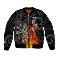 Personalised Aotearoa Darts Bomber Jacket Maori Koru Flaming Dartboard LT14 Unisex Black - Polynesian Pride
