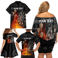 Personalised Aotearoa Darts Family Matching Off Shoulder Short Dress and Hawaiian Shirt Maori Koru Flaming Dartboard