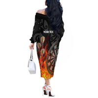 Personalised Aotearoa Darts Off The Shoulder Long Sleeve Dress Maori Koru Flaming Dartboard LT14 - Polynesian Pride