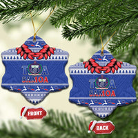Toa Samoa Rugby Christmas Ceramic Ornament Ula Fala Samoan Pattern Blue - Polynesian Pride
