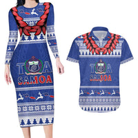 Personalised Toa Samoa Rugby Christmas Couples Matching Long Sleeve Bodycon Dress and Hawaiian Shirt Ula Fala Samoan Pattern Blue LT14 Blue - Polynesian Pride