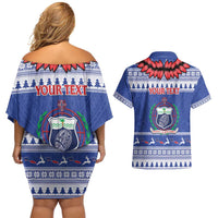Personalised Toa Samoa Rugby Christmas Couples Matching Off Shoulder Short Dress and Hawaiian Shirt Ula Fala Samoan Pattern Blue LT14 - Polynesian Pride