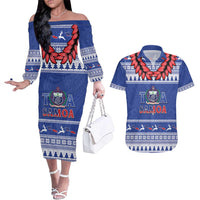 Personalised Toa Samoa Rugby Christmas Couples Matching Off The Shoulder Long Sleeve Dress and Hawaiian Shirt Ula Fala Samoan Pattern Blue LT14 Blue - Polynesian Pride