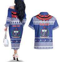 Personalised Toa Samoa Rugby Christmas Couples Matching Off The Shoulder Long Sleeve Dress and Hawaiian Shirt Ula Fala Samoan Pattern Blue - Polynesian Pride