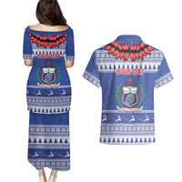 Personalised Toa Samoa Rugby Christmas Couples Matching Puletasi and Hawaiian Shirt Ula Fala Samoan Pattern Blue - Polynesian Pride