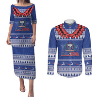 Personalised Toa Samoa Rugby Christmas Couples Matching Puletasi and Long Sleeve Button Shirt Ula Fala Samoan Pattern Blue - Polynesian Pride