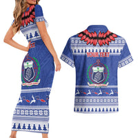 Personalised Toa Samoa Rugby Christmas Couples Matching Short Sleeve Bodycon Dress and Hawaiian Shirt Ula Fala Samoan Pattern Blue LT14 - Polynesian Pride
