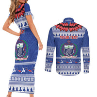 Personalised Toa Samoa Rugby Christmas Couples Matching Short Sleeve Bodycon Dress and Long Sleeve Button Shirt Ula Fala Samoan Pattern Blue LT14 - Polynesian Pride