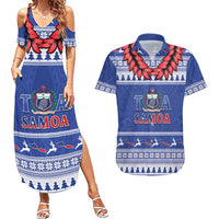 Personalised Toa Samoa Rugby Christmas Couples Matching Summer Maxi Dress and Hawaiian Shirt Ula Fala Samoan Pattern Blue - Polynesian Pride